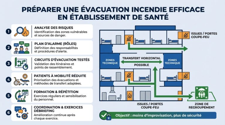 Synthèse visuelle des 6 étapes pour préparer une évacuation incendie efficace en établissement de santé : analyse des risques, plan d’alarme, circuits testés, prise en charge des patients à mobilité réduite, formation/répétition et coordination avec débriefing.